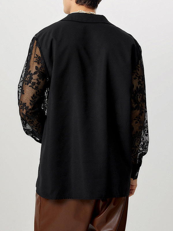 Mens Sheer Lace Patchwork Long-Sleeve T-shirts SKUK81429