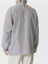 Mens Striped Cutout Drawstring Design Ruffle Neck Shirt SKUK43576