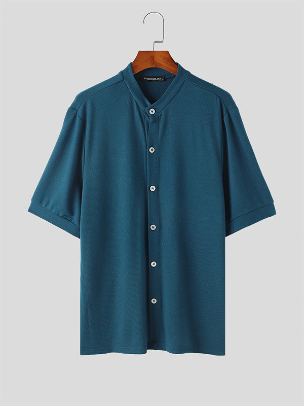 Mens Stand Collar Casual Short Sleeve Shirt SKUK61606