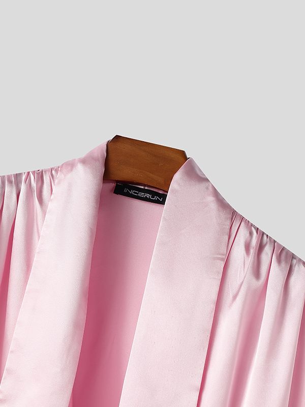 Men's Ribbon Tie Design Draped Neck Long Sleeve Shirt SKUL47590