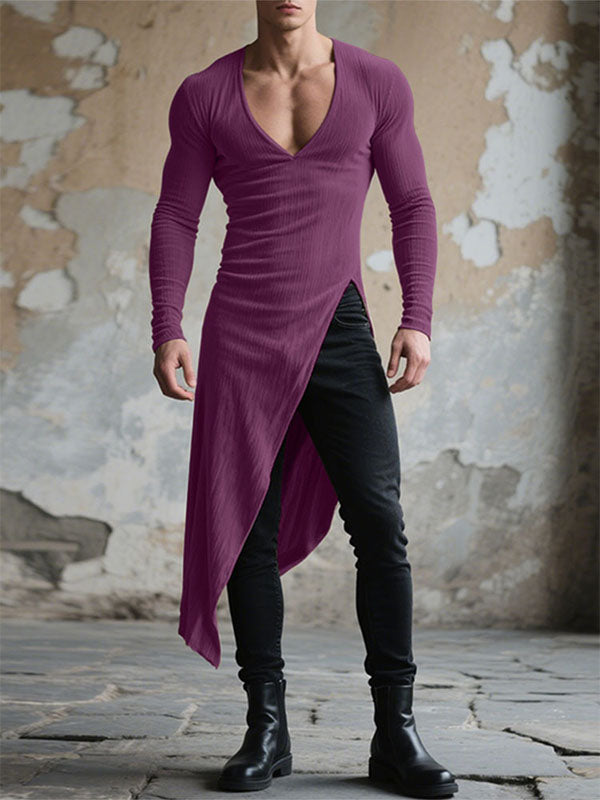 Mens Textured Deep V-Neck Long Sleeve T-Shirt SKUL24719
