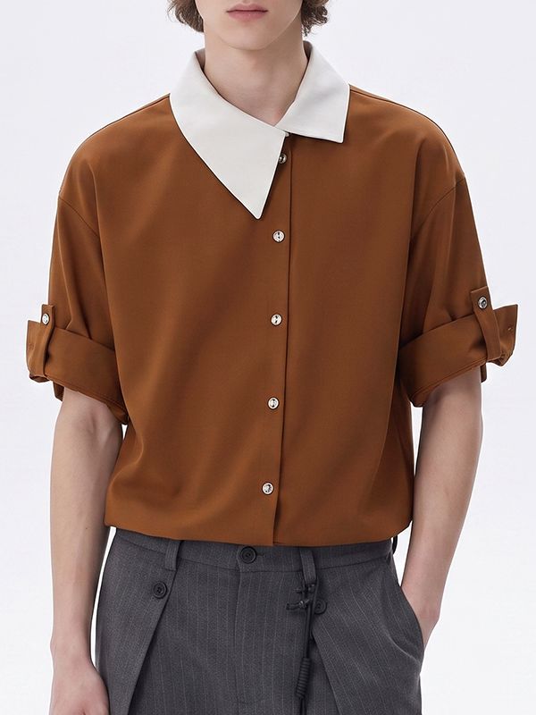 Men's Avant-Garde Asymmetrical Contrast Collar Diagonal Placket Roll-Up Sleeve Shirt SKUL76404