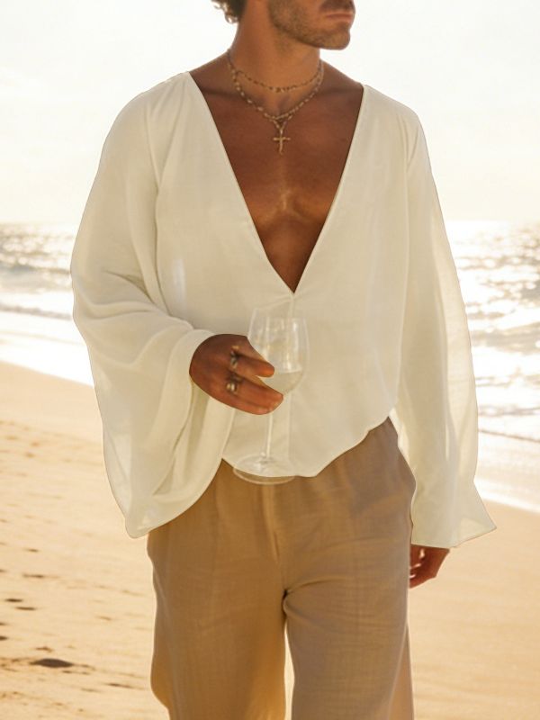 Men's Sheer Deep V Neck Long Sleeve Shirt SKUL51808