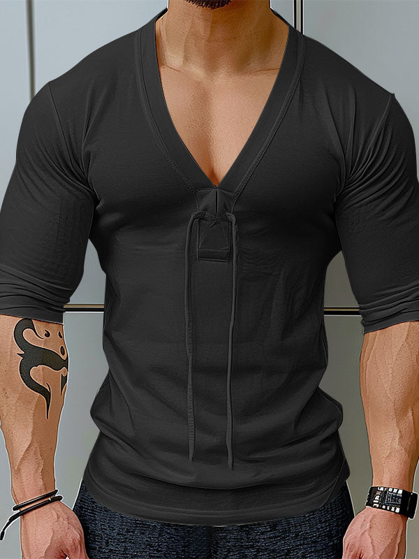 Mens Solid Color V-Neck Half Sleeve T-Shirt SKUK78608