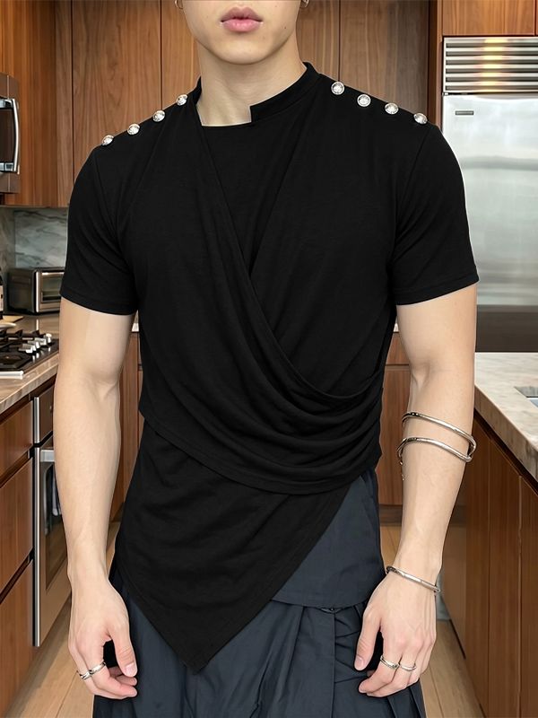 Men's Avant-garde Fashion Draped Metal Button Asymmetric Short Sleeve T-shirt SKUL66864