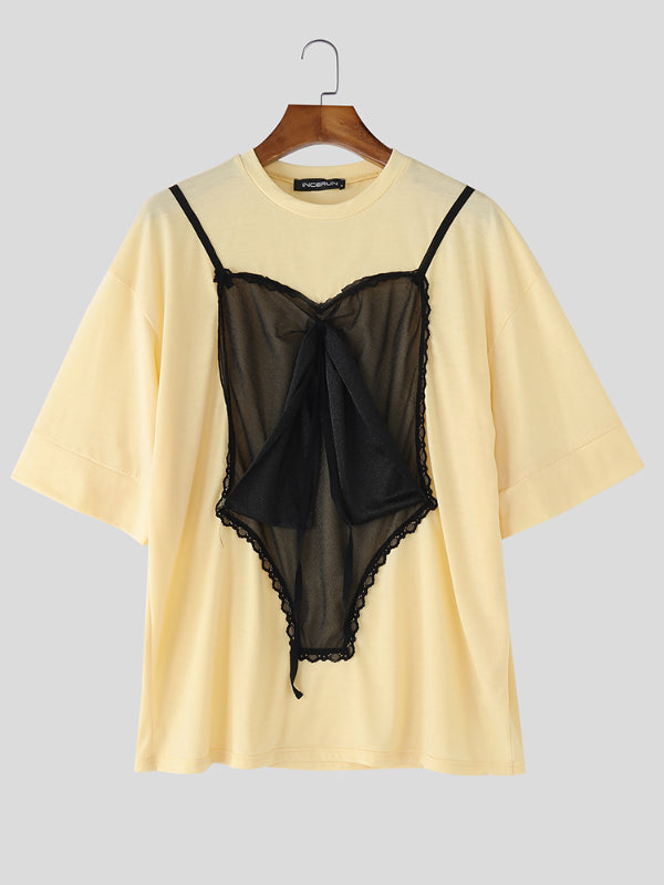 Mens Lace Patchwork Contrast Color Short Sleeve T-Shirt SKUL13959