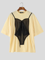 Mens Lace Patchwork Contrast Color Short Sleeve T-Shirt SKUL13959