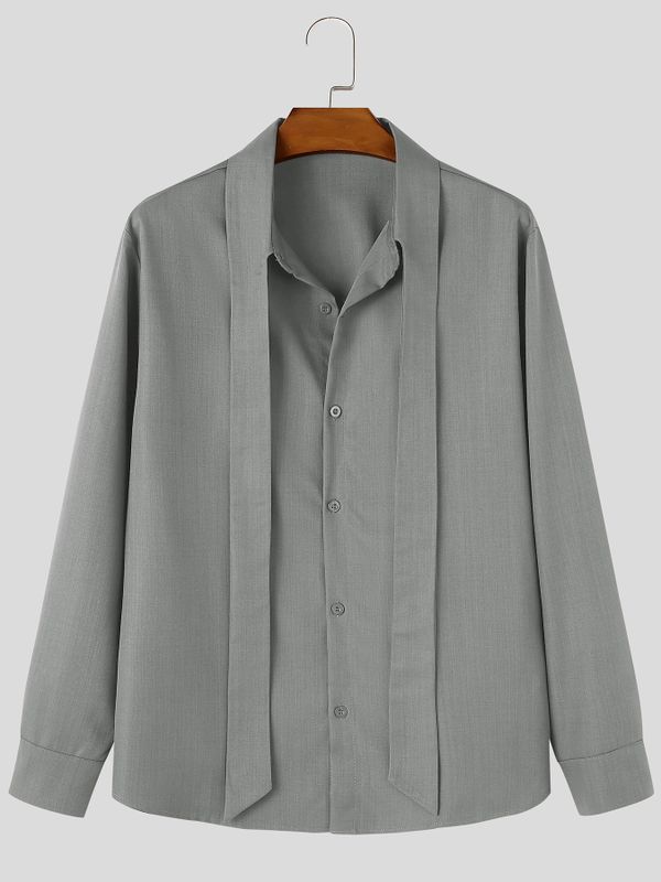 Men's Korean Dandy Evening Date Long Ribbon Tie Neck Lapel Collar Shirt SKUL84784