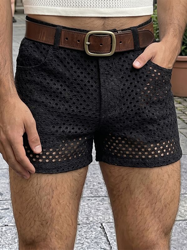 Men's Avant-Garde Crochet Open-Knit Slim Cropped Booty Denim-Style Short SKUL71351