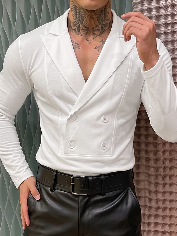 Men's Romantic Avant-Garde Double-Breasted Plunge Muscle-Fit Long Sleeve Shirt SKUL77303