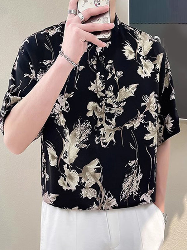 Mens Floral Print Stand Collar Half Sleeve Shirt SKUK63610