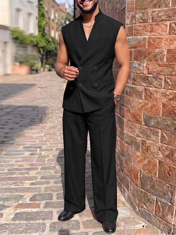 Men's Elegant Double-Breasted Stand Collar Two Pieces Outfit SKUL77311