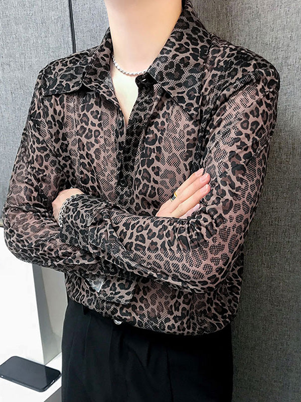 Mens Sheer Leopard Print Long Sleeve Shirt SKUK68194