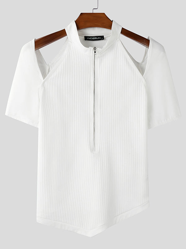 Mens Cut-Out Design Half-Zip Short Sleeve T-Shirt SKUK99805