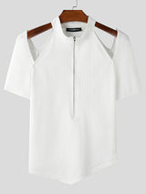 Mens Cut-Out Design Half-Zip Short Sleeve T-Shirt SKUK99805