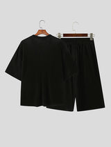 Mens Solid Color Striped Ruched Two Pieces Outfit SKUL08680