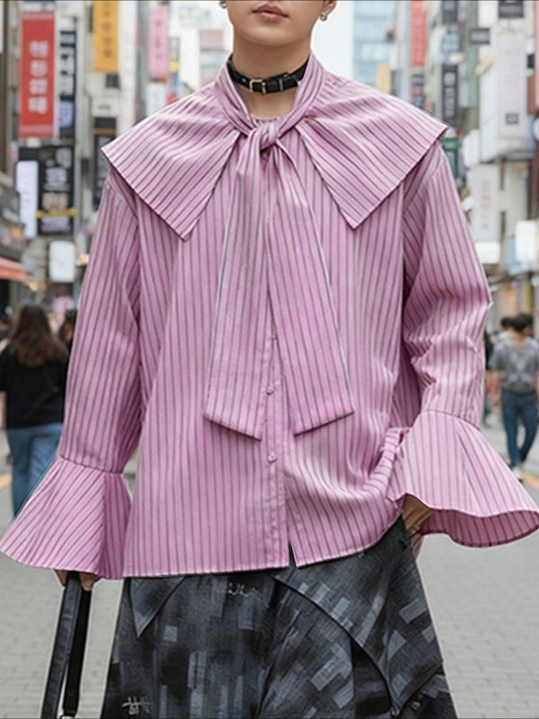 Men's Stripe Shawl Lace Up Flared Sleeve Shirt SKUL47925