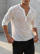 Men's Smart Casual Textured Long-Sleeve Henley Placket T-shirt SKUL78030