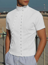 Men's Deconstructed Double Placket Button Short Sleeve Shirt SKUL59792