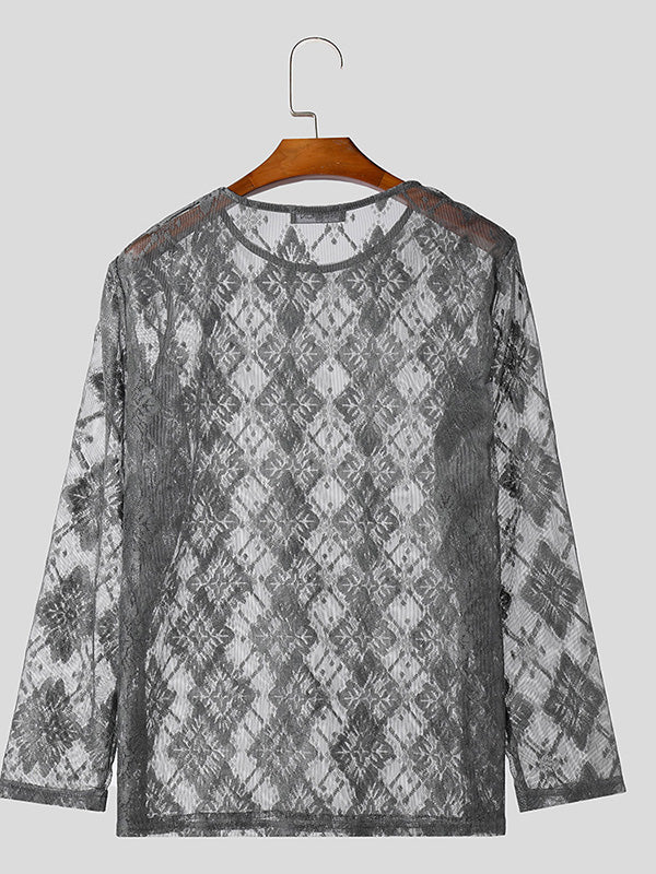 Mens Lace See Through Long Sleeve T-Shirt SKUK46278