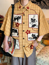 Men's Cartoon Print Plaid Short Sleeve Shirt SKUL45988