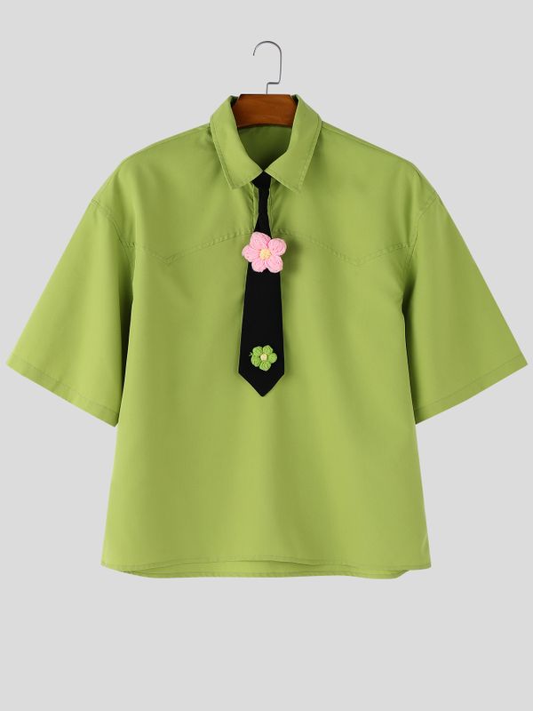 Men's 3D Floral Decor Tie Short Sleeve Shirt SKUL41498