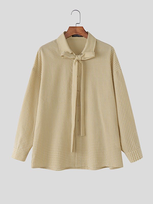 Men's Plaid Bow Long Sleeve Shirt SKUL45417