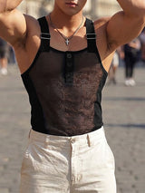 Men's Sexy Sheer Mesh Fishnet Buckle Strap Button Front Tank SKUL73604