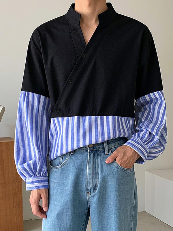 Mens Striped Contrast Stand Collar Long-Sleeve Shirt SKUK99045