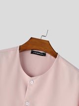 Men's Minimalist Button-Front Collarless Boxy Short Sleeve Shirt SKUL60145