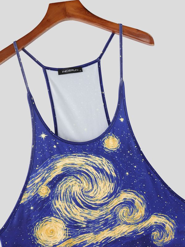 Men's High-Street Artistic Van Gogh "Starry Night" Print Deep U-Neck Tank SKUL60112