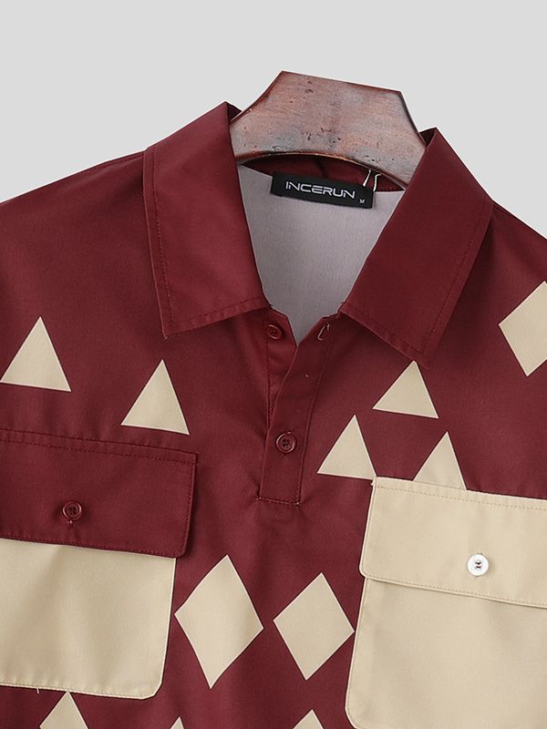 Men's Diamond Print Contrast Color Short Sleeve Shirt SKUL40099