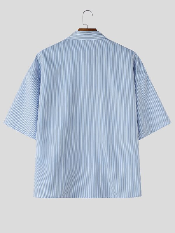 Men's Vintage Artistic Swallow Print Vertical Ribbed Short Sleeve Shirt SKUL69375