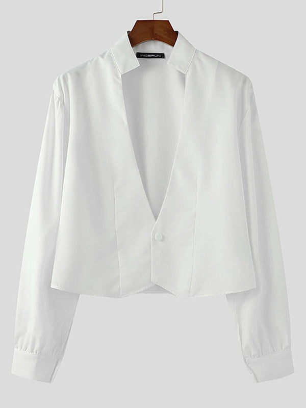 Mens Solid Color Deep V-Neck Long Sleeve Shirt SKUL01320