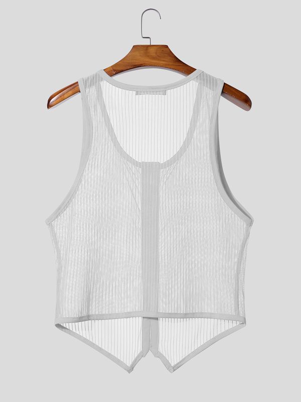 Men's Avant-Garde Vertical Striped Sheer Mesh Button-Down Tank SKUL55295