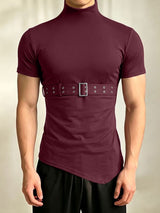 Men's Avant Garde Darkwear Harness Strap Asymmetrical Mock Neck Short Sleeve T-shirt SKUL64161