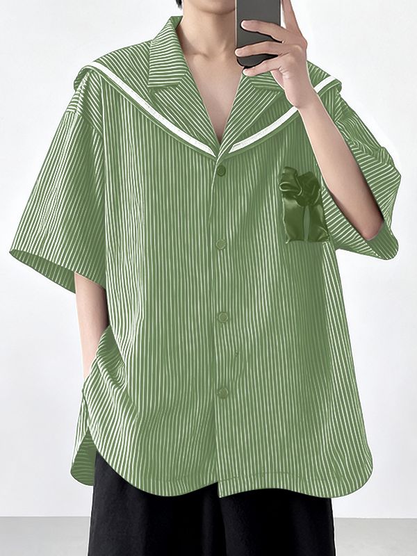 Men's Satin Bow Striped Sailor Collar Shirt SKUL41064