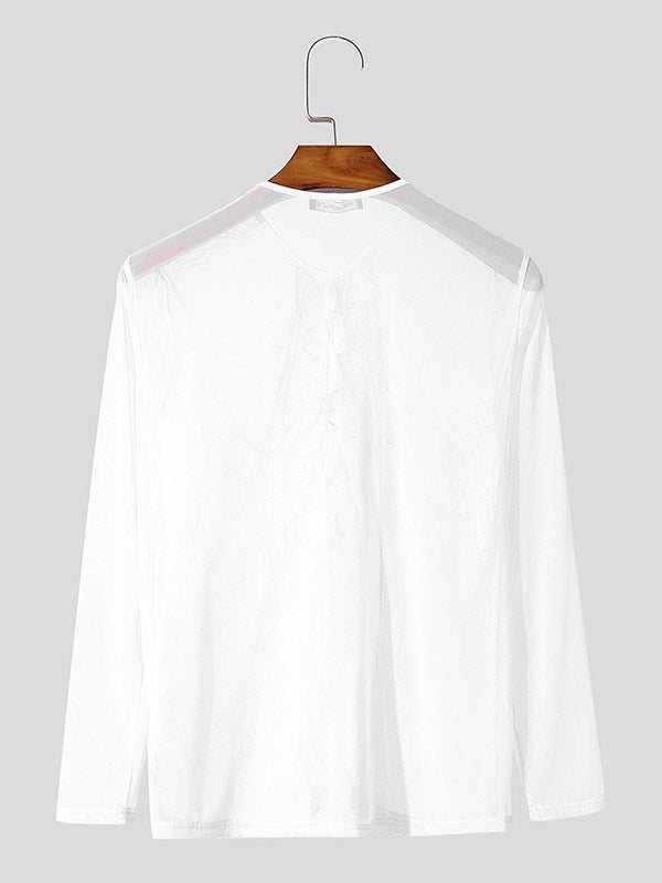 Mens Ruffle Patchwork Sheer Long-Sleeve T-Shirt SKUK96655