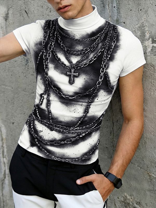 Men's Gothic Rock 3D Trompe L'oeil Chains and Cross Print Fitted Mock Neck T-shirt SKUL64277