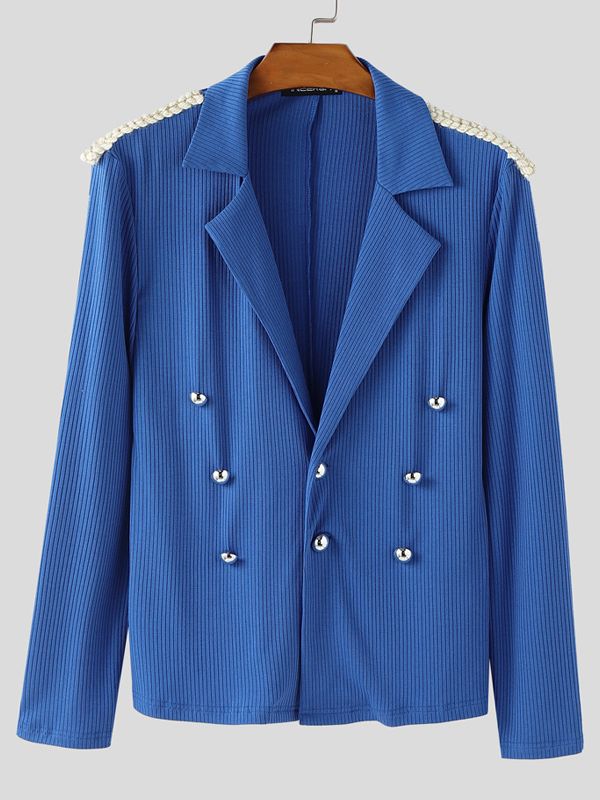 Men's Epaulet Patchwork Knitted Double Breasted Slim Fit Blazer SKUL39881