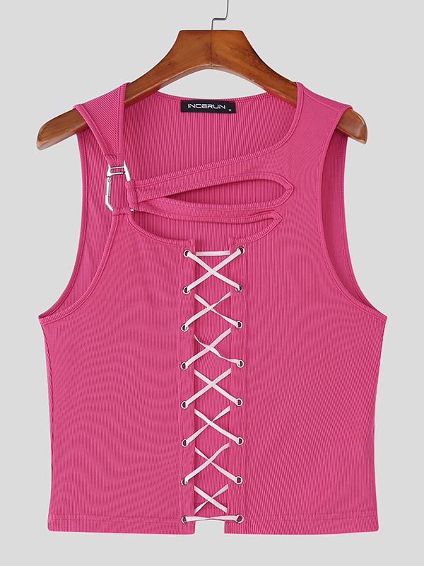 Men's Drawstring Design Hollow Cropped Knit Tank SKUL48604