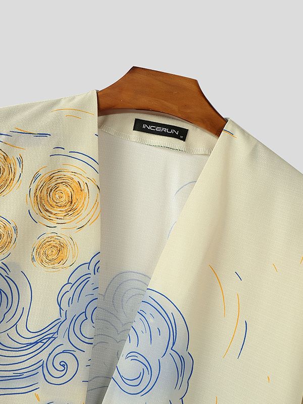 Men's Color Block Print Collarless Long Sleeve Cardigan SKUL34995