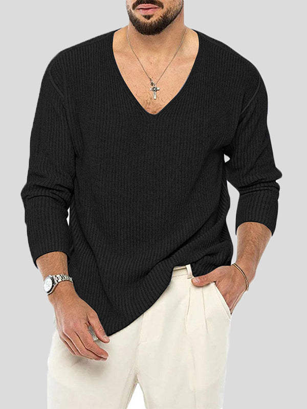 Mens Solid V-Neck Rib-Knit Casual T-Shirt SKUK22852