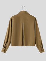 Men's Early Autumn Urban Casual Embroidered Pleated Cropped Long Sleeve Turn-Down Collar Shirt SKUL78974