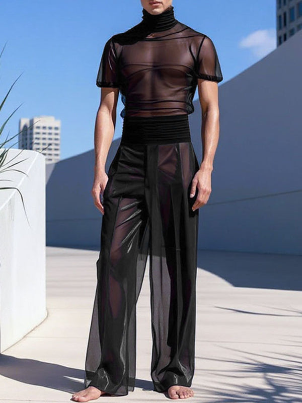 Mens Solid Color Sheer Mesh Two Pieces Outfit SKUL11902