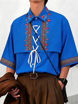 Men's Vintage Ethnic Floral Print Lace-Up Flap Overlay Boxy Short Sleeve Shirt SKUL58685