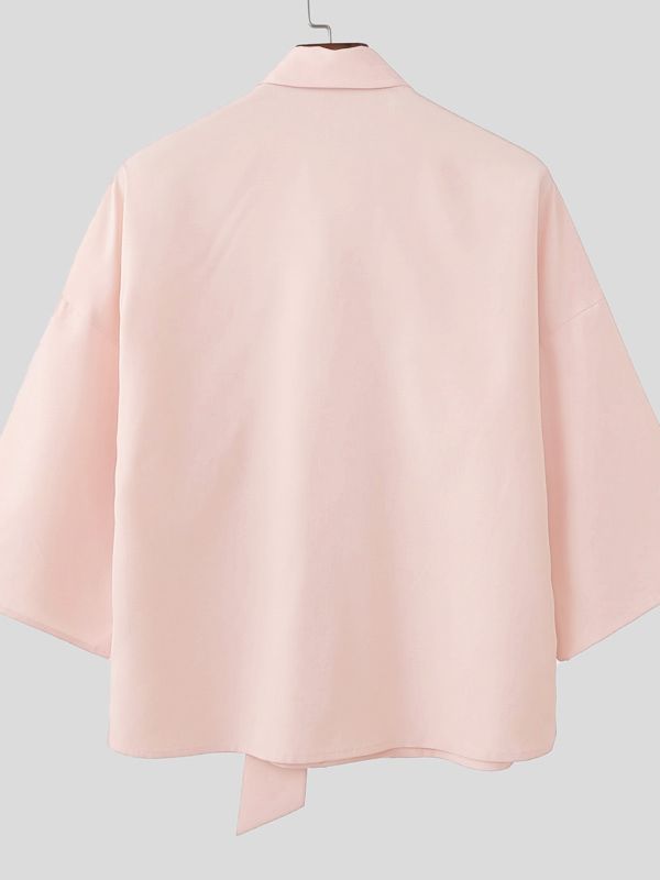 Men's Romantic Avant-Garde Rose Brooch Wide Tie Neck Half Sleeve Shirt SKUL64070