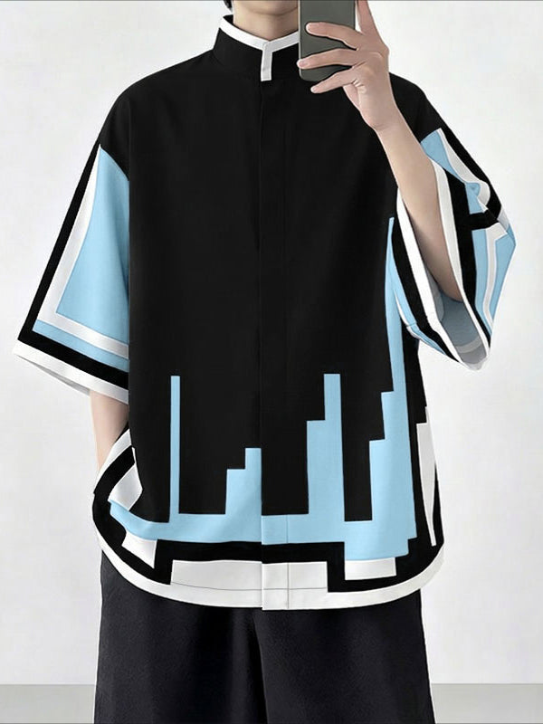 Men's Cyberpunk Pixel Geometric Block Contrast Stand Collar Short Sleeve Shirt SKUL61165