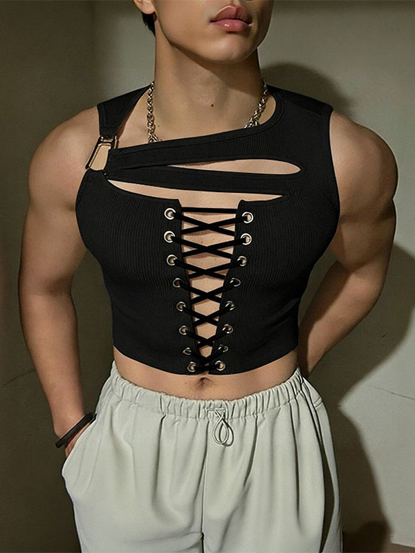 Men's Drawstring Design Hollow Cropped Knit Tank SKUL48604