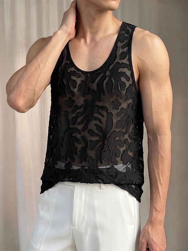 Men's Avant-Garde Semi-Sheer Burnout Botanical Pattern Tank SKUL76465